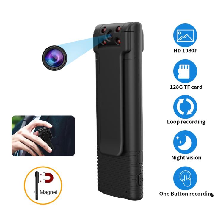 Black magnetic recorder with front lens and top control panel, compact handheld design.