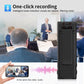 Black magnetic recorder with camera array and built-in mic, shown beside handheld controls.