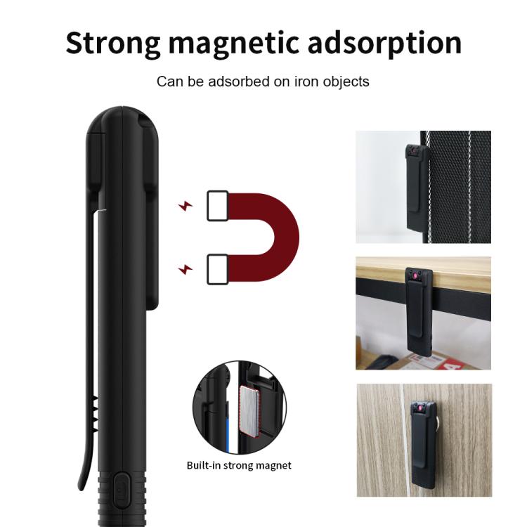 Black magnetic recorder with built-in strong magnet for attaching to metal surfaces.