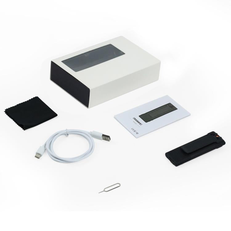 Magnetic recorder accessory set with cable, case, and mounting clip pieces in black and white.
