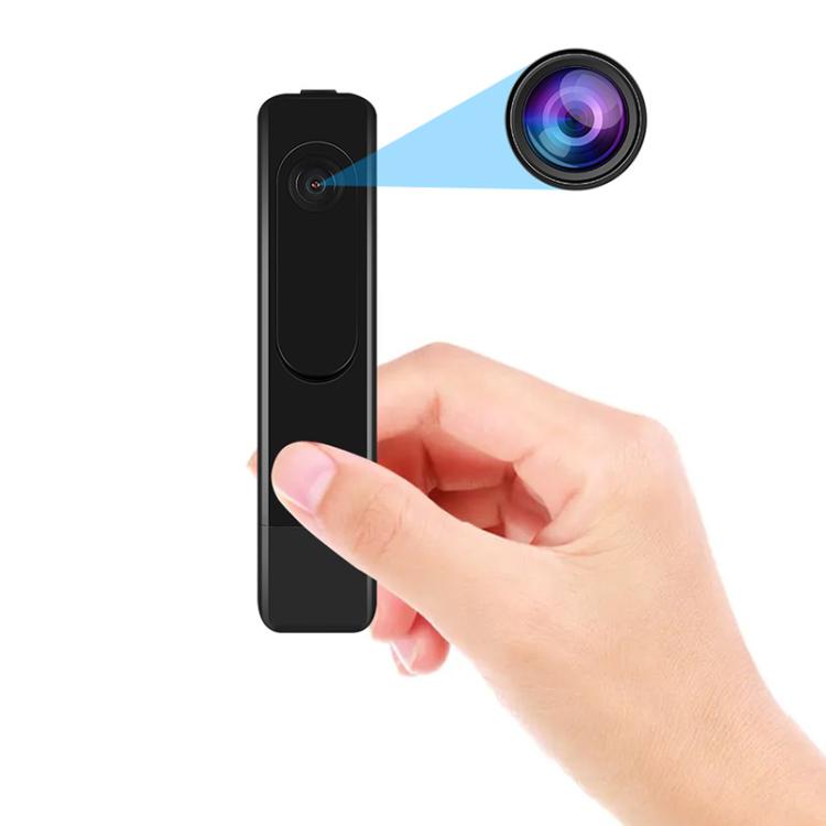 Black handheld video recorder with front lens, held in a person's hand