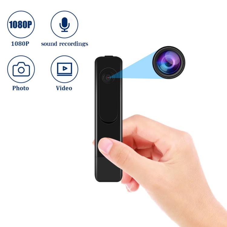 Black handheld video recorder with front lens and side button, with 1080P icons