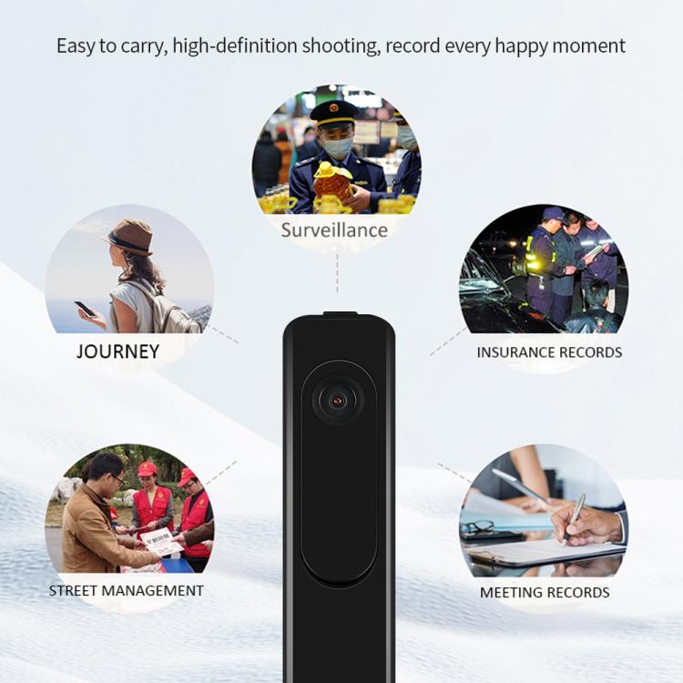 Black video recorder with front lens shown with multiple recording use icons