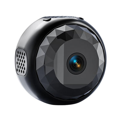 Black mini WiFi security camera with wide-angle lens and speaker vents