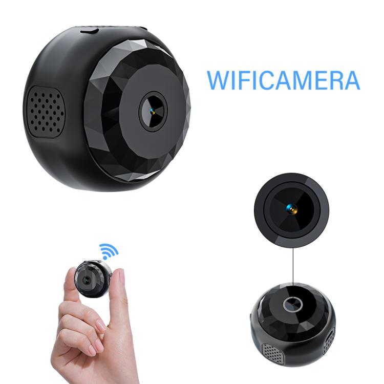 Black mini WiFi camera shown with multiple angles and indicator icons