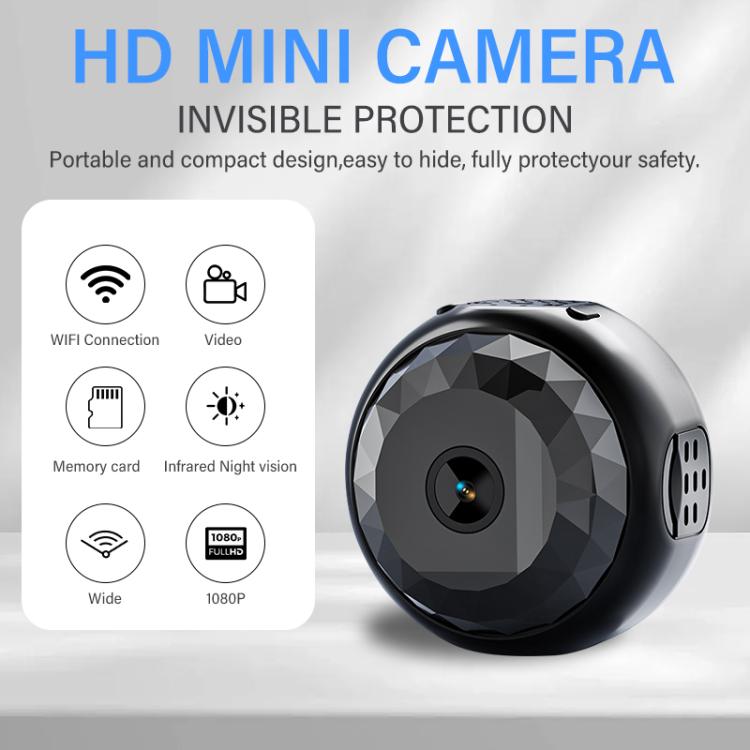 Black compact mini security camera with geometric housing and front lens