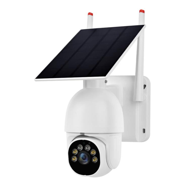 White outdoor solar surveillance camera with black lens cluster and angled solar panel