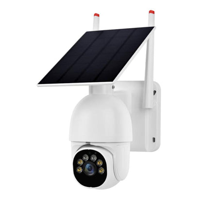 White outdoor solar surveillance camera with black lens cluster and angled solar panel
