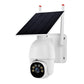 White wall-mount solar surveillance camera with black lens cluster and angled solar panel