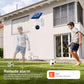Wall-mounted white solar surveillance camera with black lens cluster under a home eave