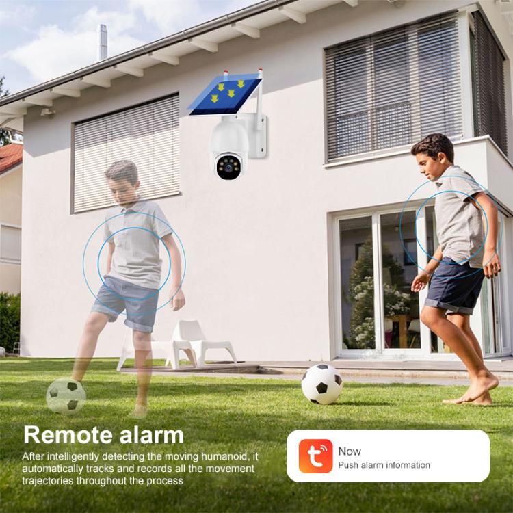 Wall-mounted white solar surveillance camera with black lens cluster under a home eave