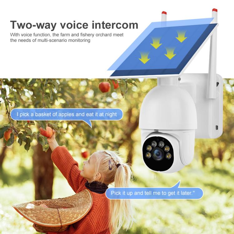 White solar surveillance camera with dome housing and black lens cluster, side view
