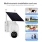 White outdoor solar security camera with black lens cluster and attached angled solar panel