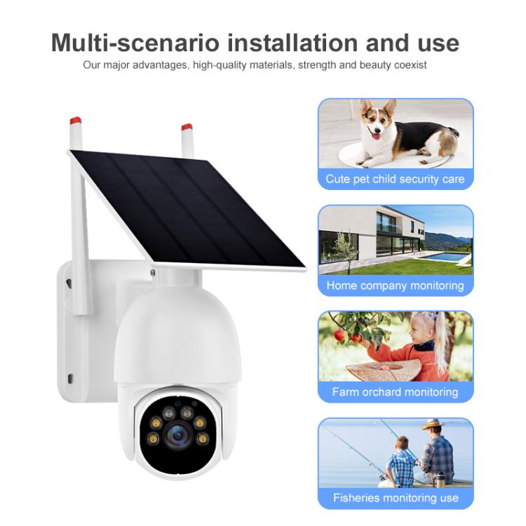 White outdoor solar security camera with black lens cluster and attached angled solar panel