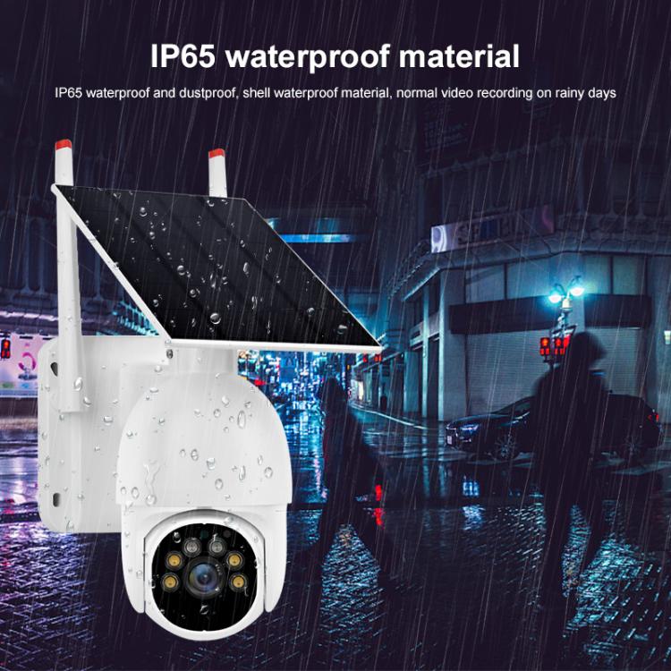 Weatherproof white solar surveillance camera with black lens cluster under rain effects
