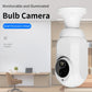 Bulb security camera with white housing and dual camera lenses, indoor use