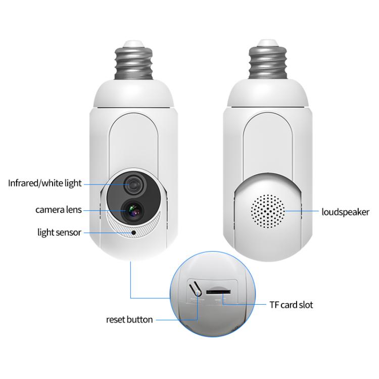 White bulb-style WiFi security camera with lens, infrared light, speaker, reset, TF card slot