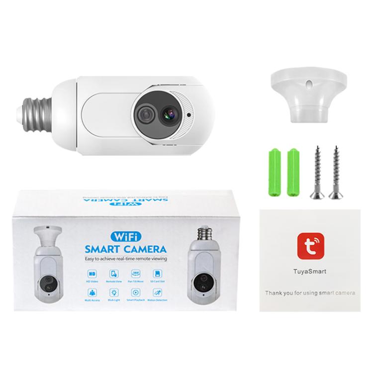 White WiFi smart bulb security camera with mounting pieces, screws, and anchors