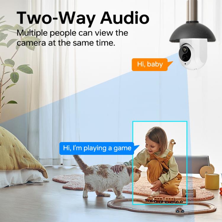 White bulb-style security camera with dual lenses and two-way audio callout