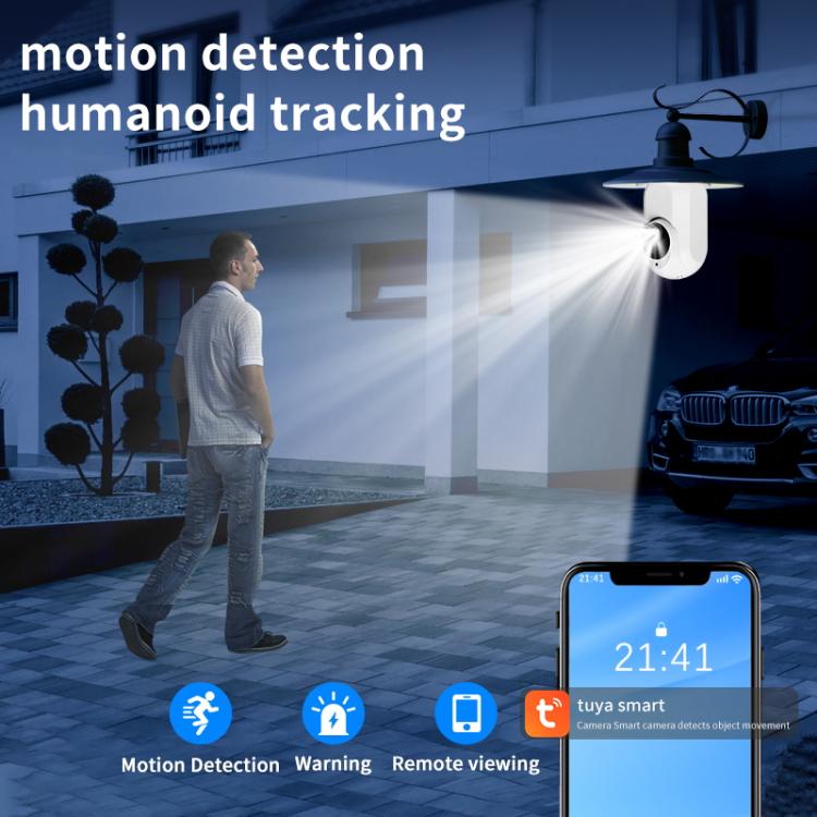 White bulb WiFi security camera with night lighting and motion detection icons