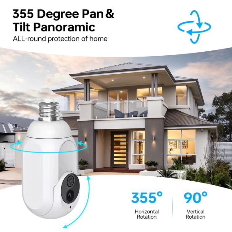 White bulb camera showing 355° pan and 90° tilt rotation graphics