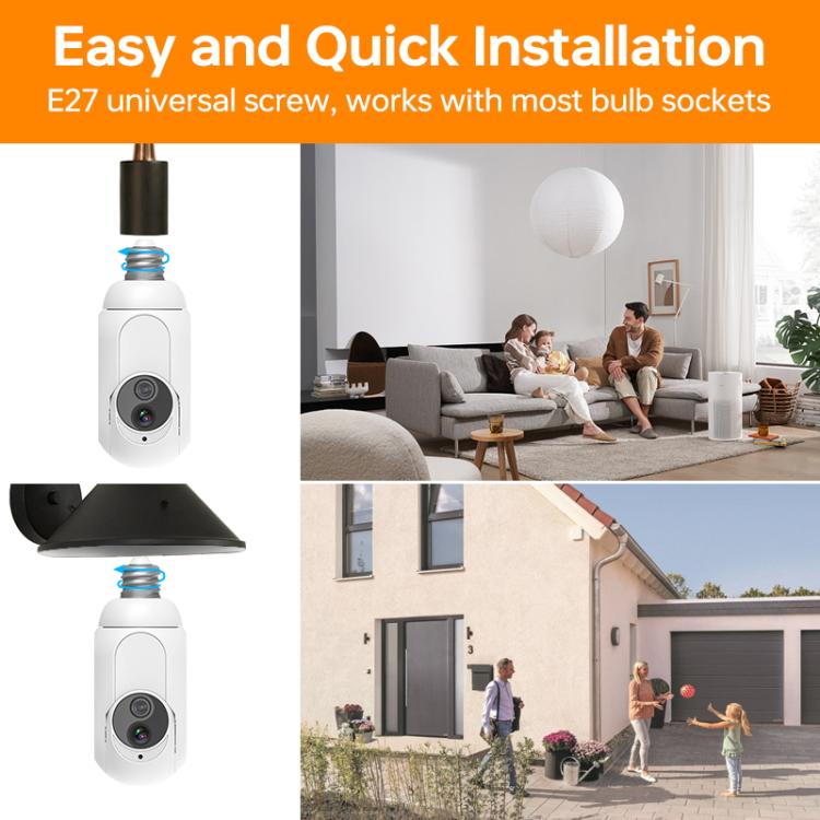 White bulb security camera with quick installation and universal bulb-screw fitting graphic