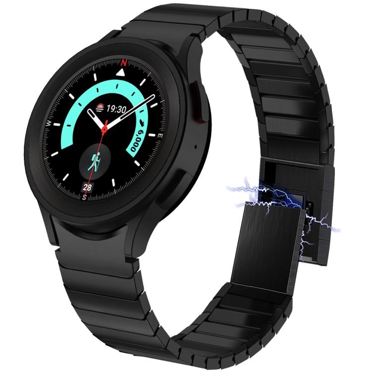 Black stainless steel magnetic watch band shown open to display its clasp