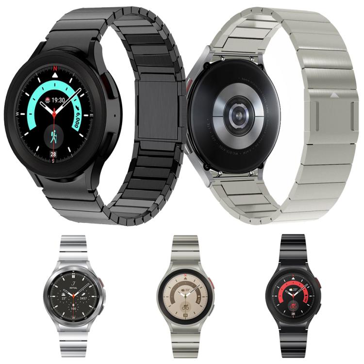 Stainless steel magnetic watch bands in black and silver, shown with front and back views