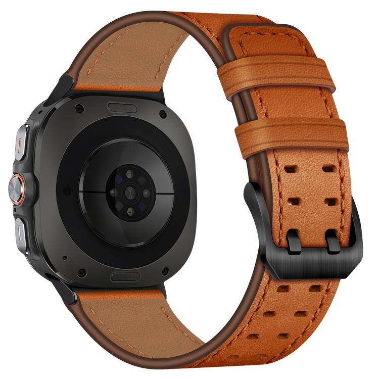 Orange leather watch band shown from the back with perforations and a double-pin buckle
