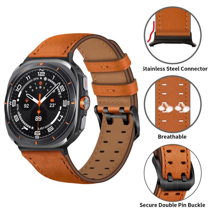 Orange leather watch band with double-pin buckle, perforations and stainless steel connectors