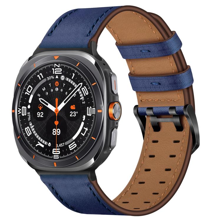 Blue leather watch band with tan lining, perforations and a double-pin buckle