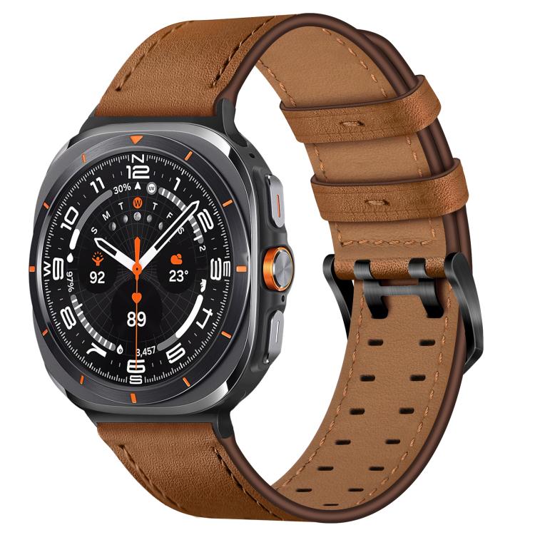 Brown leather watch band with tan lining, perforations and a double-pin buckle
