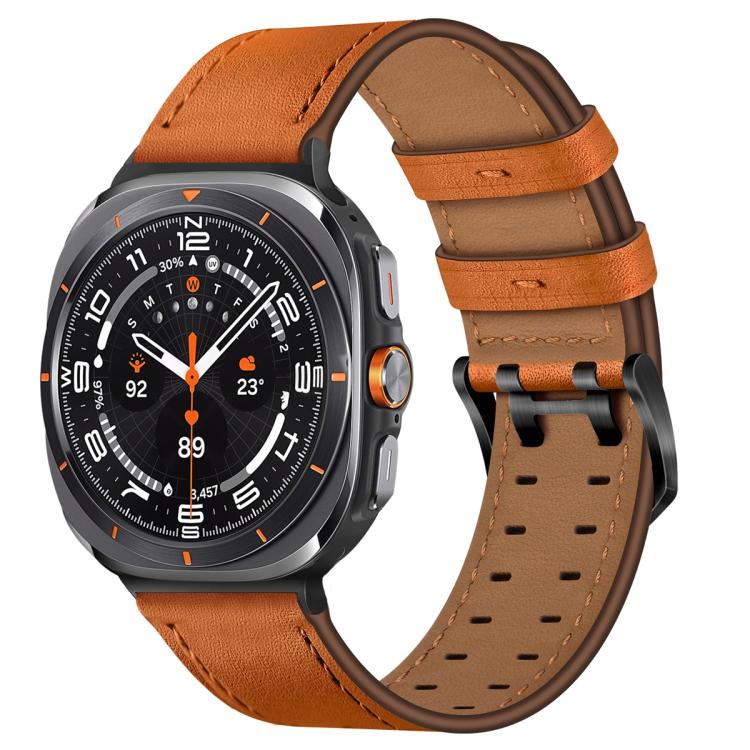 Bright orange leather watch band with tan lining, perforations and a double-pin buckle