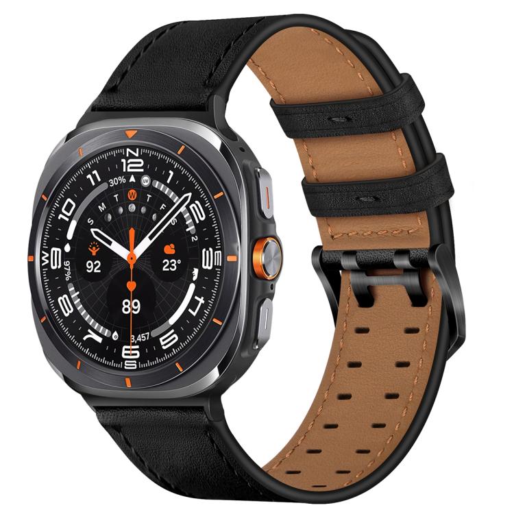 Black leather watch band shown with its tan underside, perforations and double-pin buckle