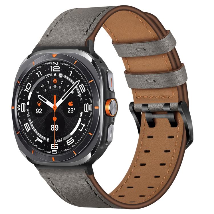 Gray leather watch band with brown lining and two keepers, shown on a smartwatch.