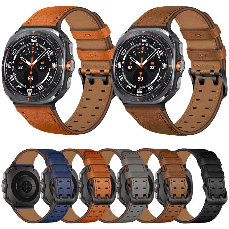 Leather watch bands in orange, brown, blue, gray, and black, shown on smartwatches.