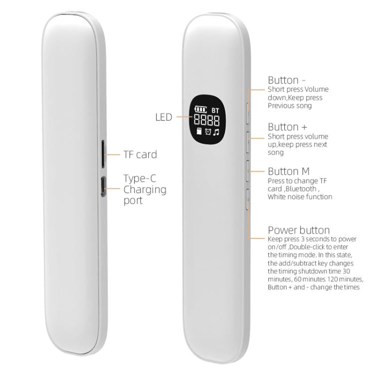 White bone conduction Bluetooth sleep speaker showing Type-C charging port and buttons