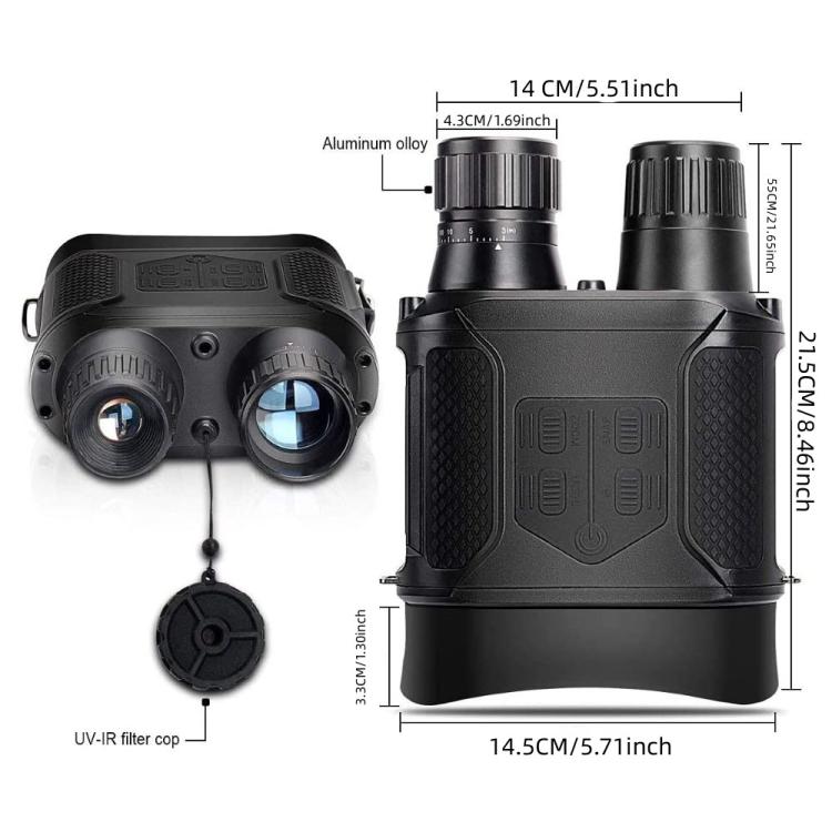 Black digital night vision binocular with dual eyepieces and hanging mount, size diagram