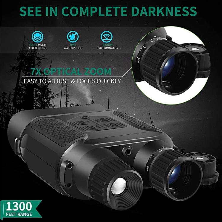 Black digital night vision binocular with objective focus ring and zoom ring, close-up