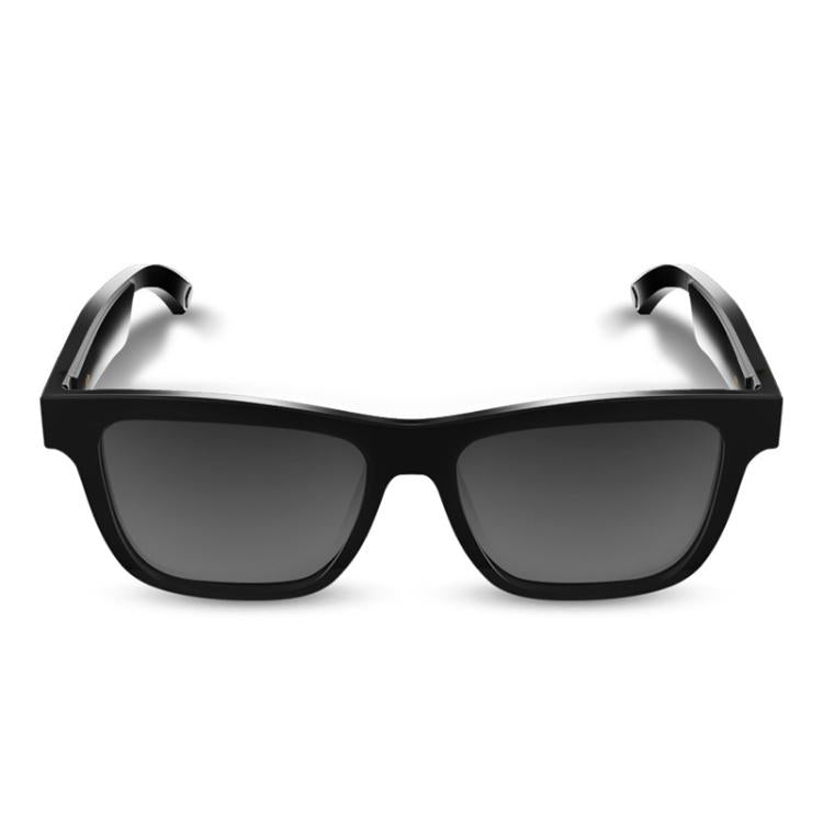 Black smart audio glasses with dark lenses, shown from the front with temples open.
