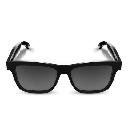 Black smart audio glasses with dark lenses, shown from the front with temples open.