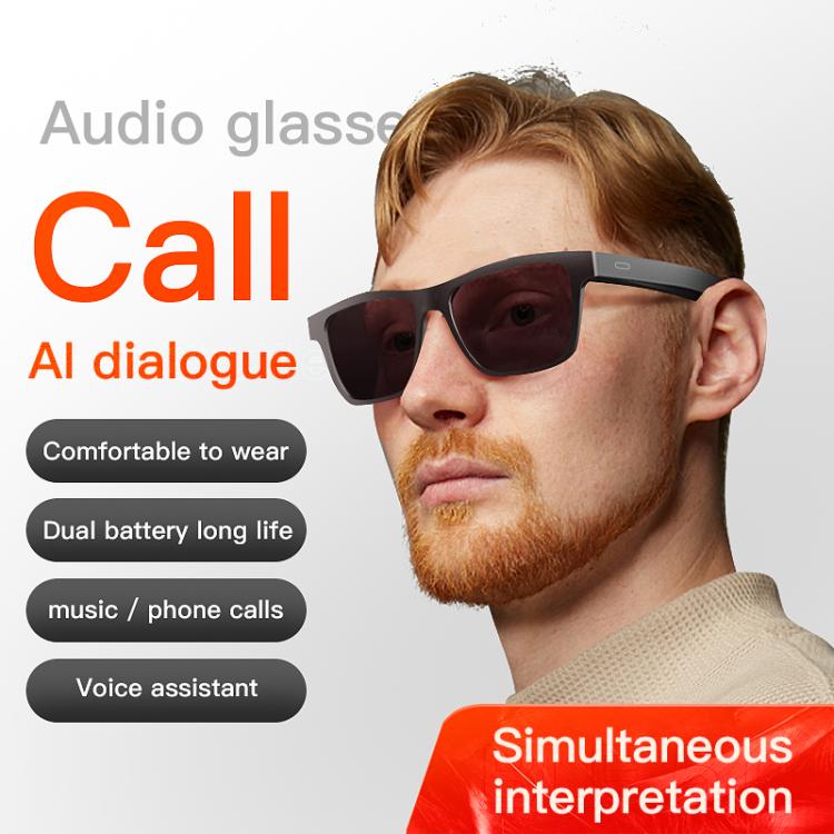 Black smart audio glasses with dark lenses worn by a man.