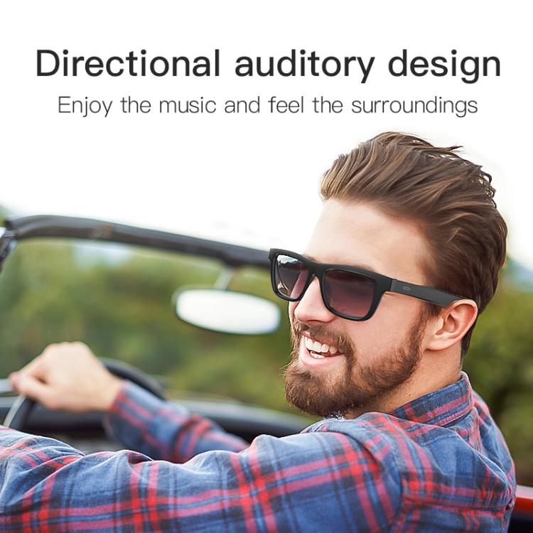 Black smart audio sunglasses with dark lenses, worn while driving.