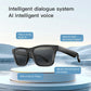 Black smart audio glasses with dark lenses, shown at an angle.