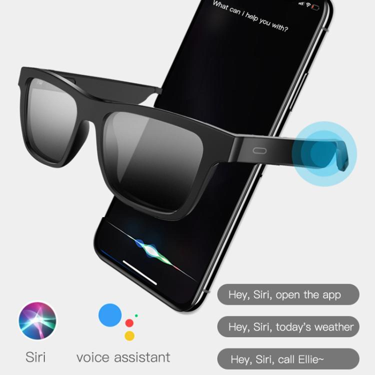 Black smart audio glasses with dark lenses, shown with a smartphone voice assistant app.