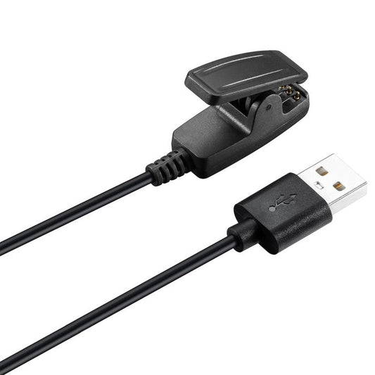 Close-up of the clip charging connector and USB-A plug on a black cable