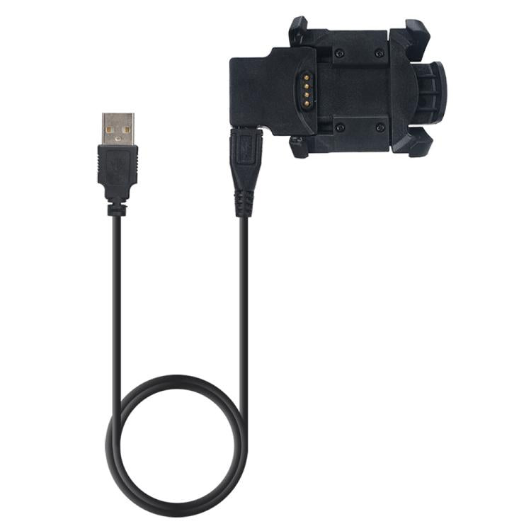 Black Garmin smartwatch charging base with attached cable and USB-A plug