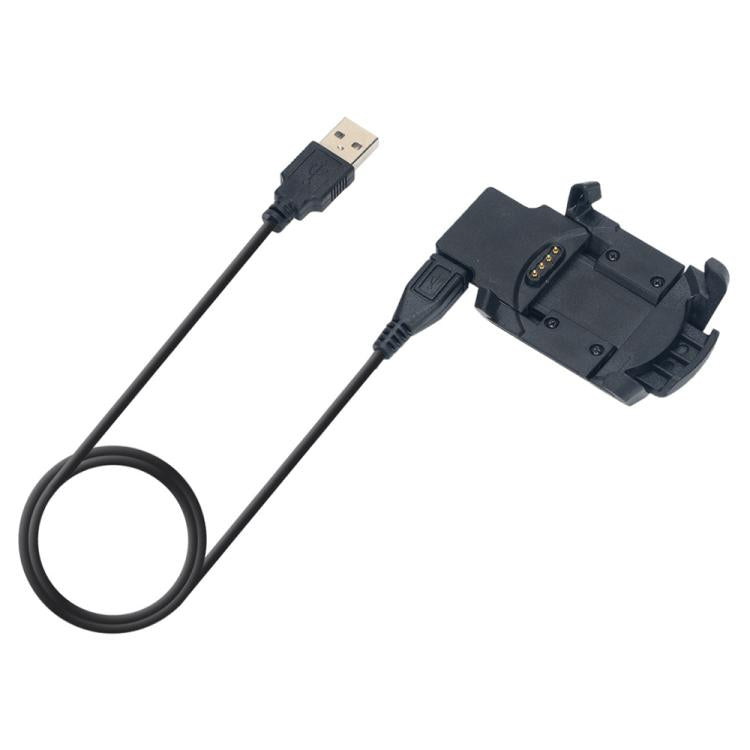 Black smartwatch charging base and coiled USB-A cable, shown at an angle
