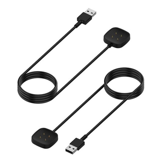 Black magnetic watch charging cable shown coiled, with USB-A plug and two charging pad views