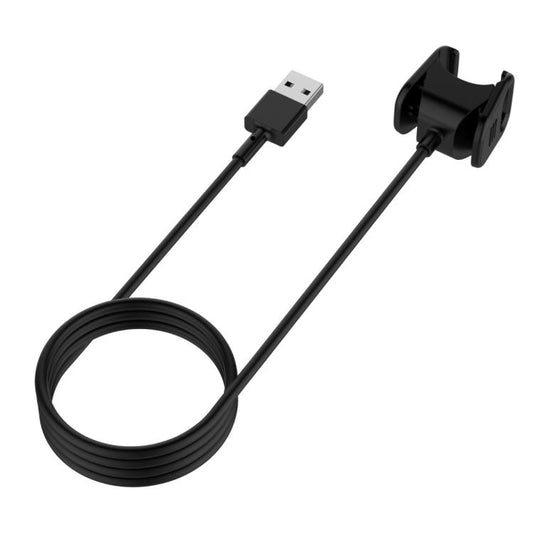 Coiled black Fitbit Charge 3/4 charging cable with USB-A plug and clip